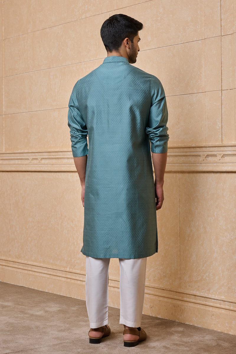 Aqua Jacquard Kurta Set In Geometrical Pattern