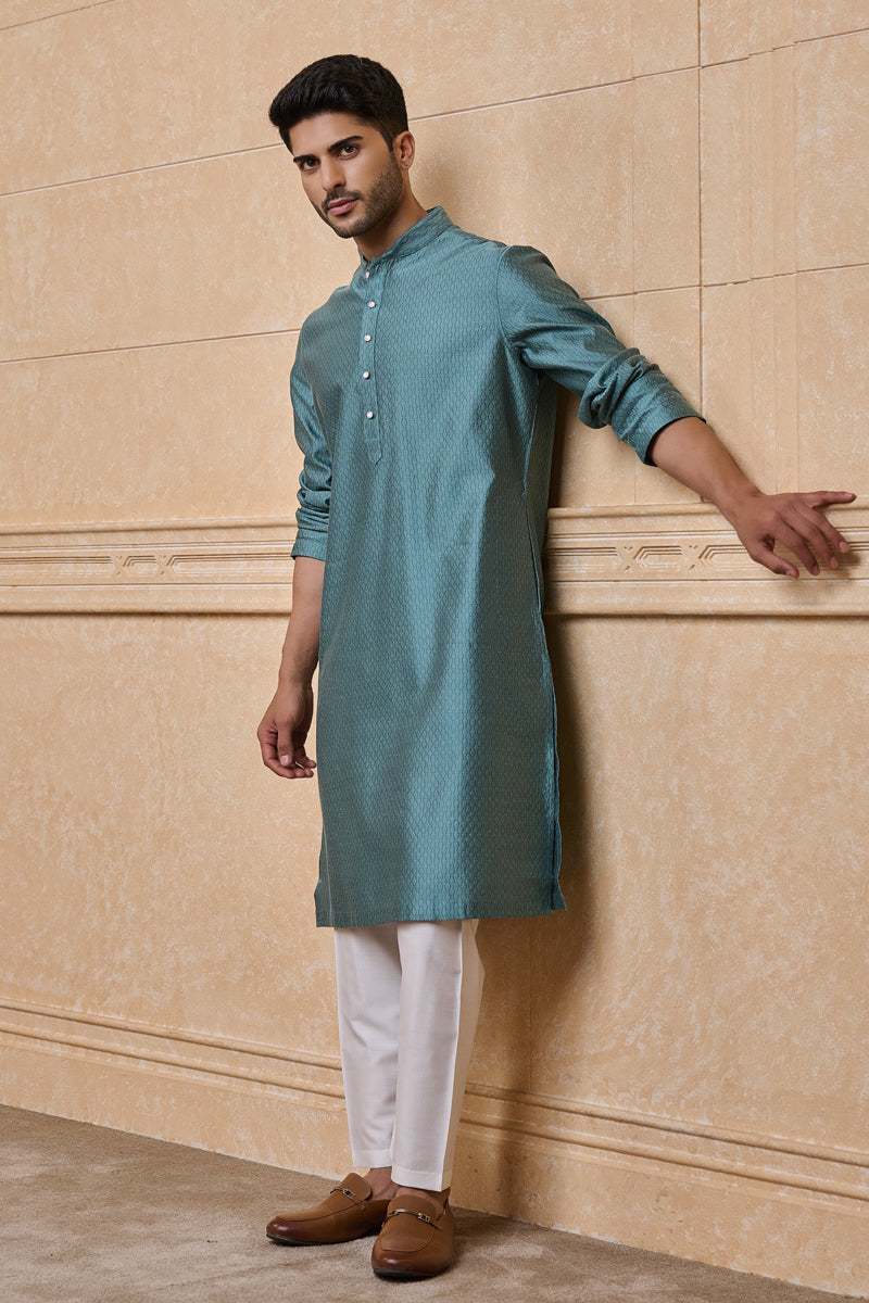 Aqua Jacquard Kurta Set In Geometrical Pattern