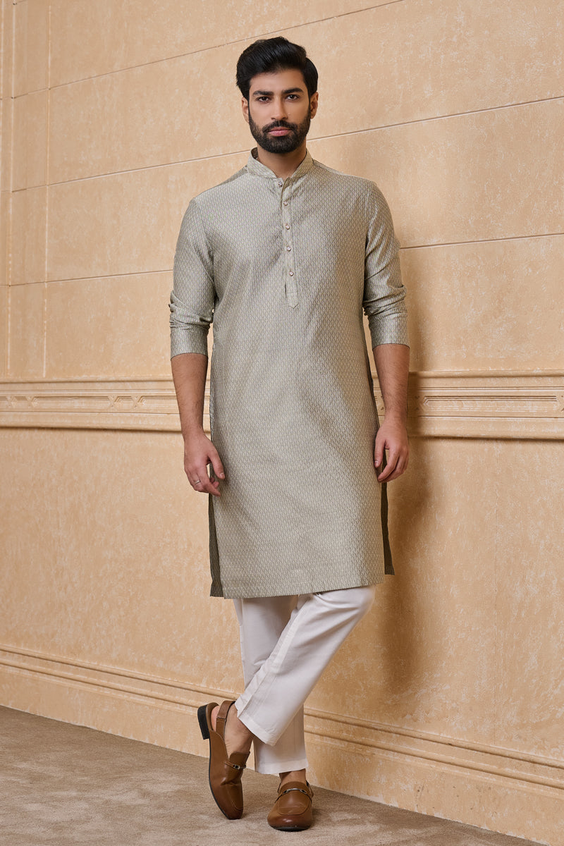 Light Grey Jacquard Kurta Set In Geometrical Pattern