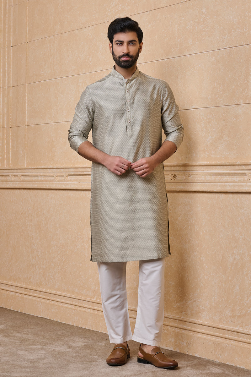 Light Grey Jacquard Kurta Set In Geometrical Pattern