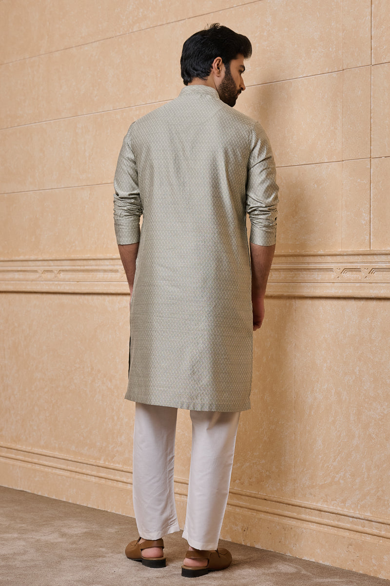 Light Grey Jacquard Kurta Set In Geometrical Pattern