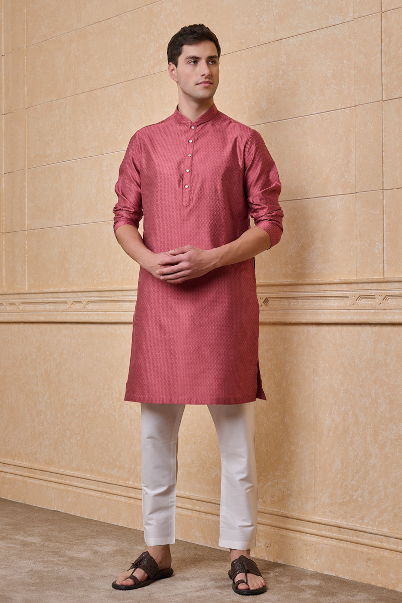 Pink Jacquard Kurta Set In Geometrical Pattern