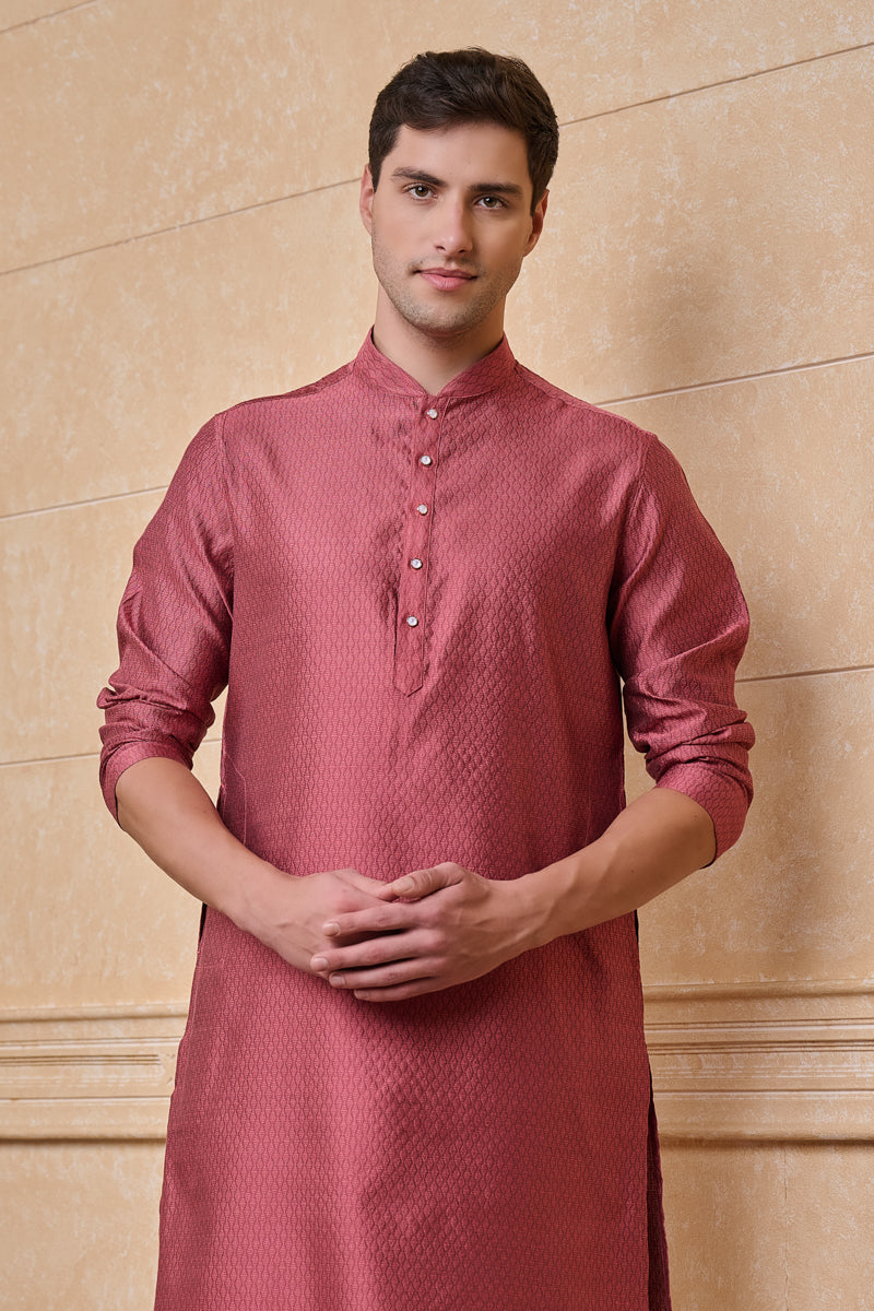 Pink Jacquard Kurta Set In Geometrical Pattern