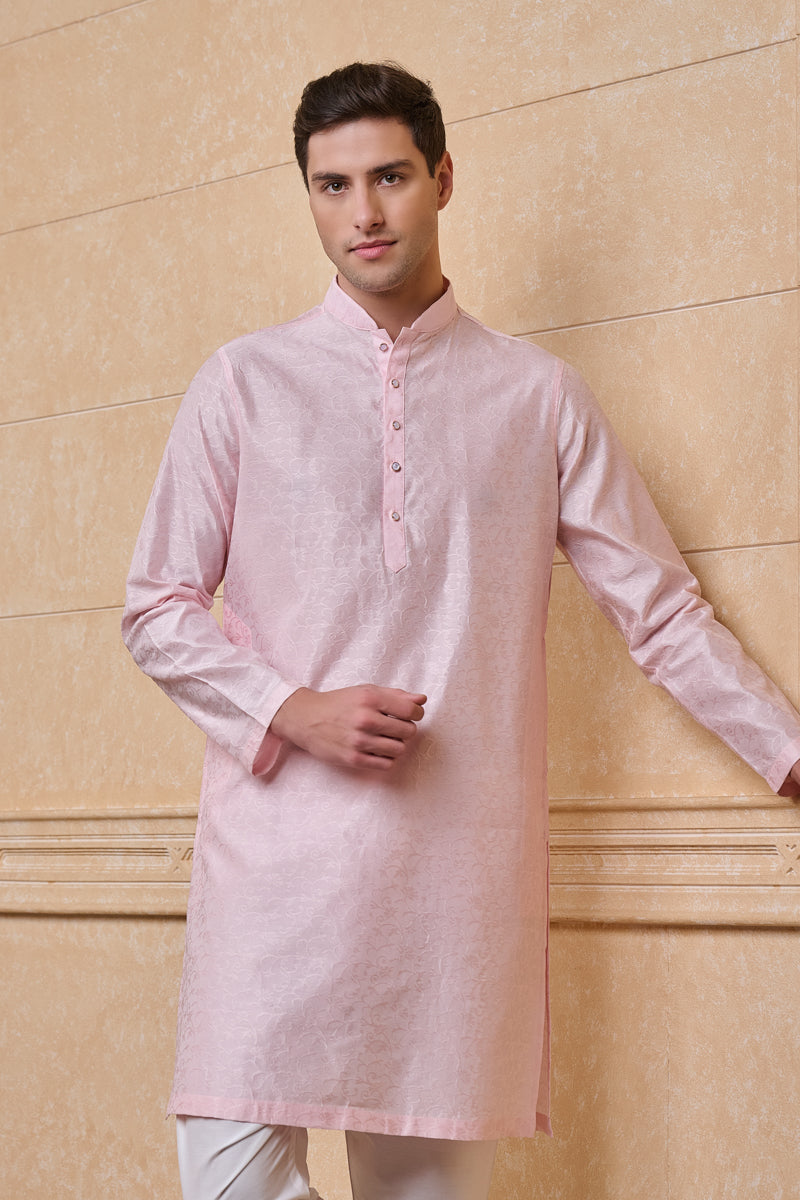 Pink Floral Self Jacquard Kurta Set