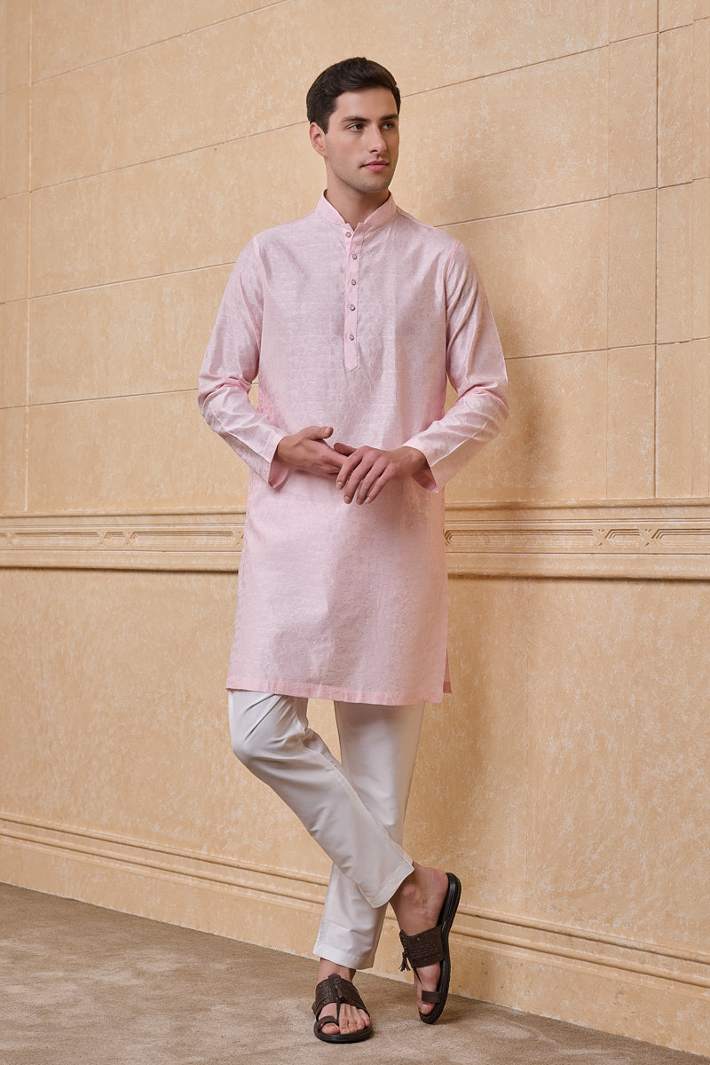 Pink Floral Self Jacquard Kurta Set