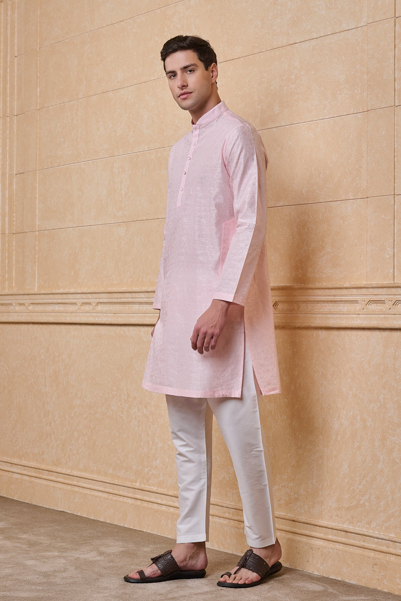 Pink Floral Self Jacquard Kurta Set