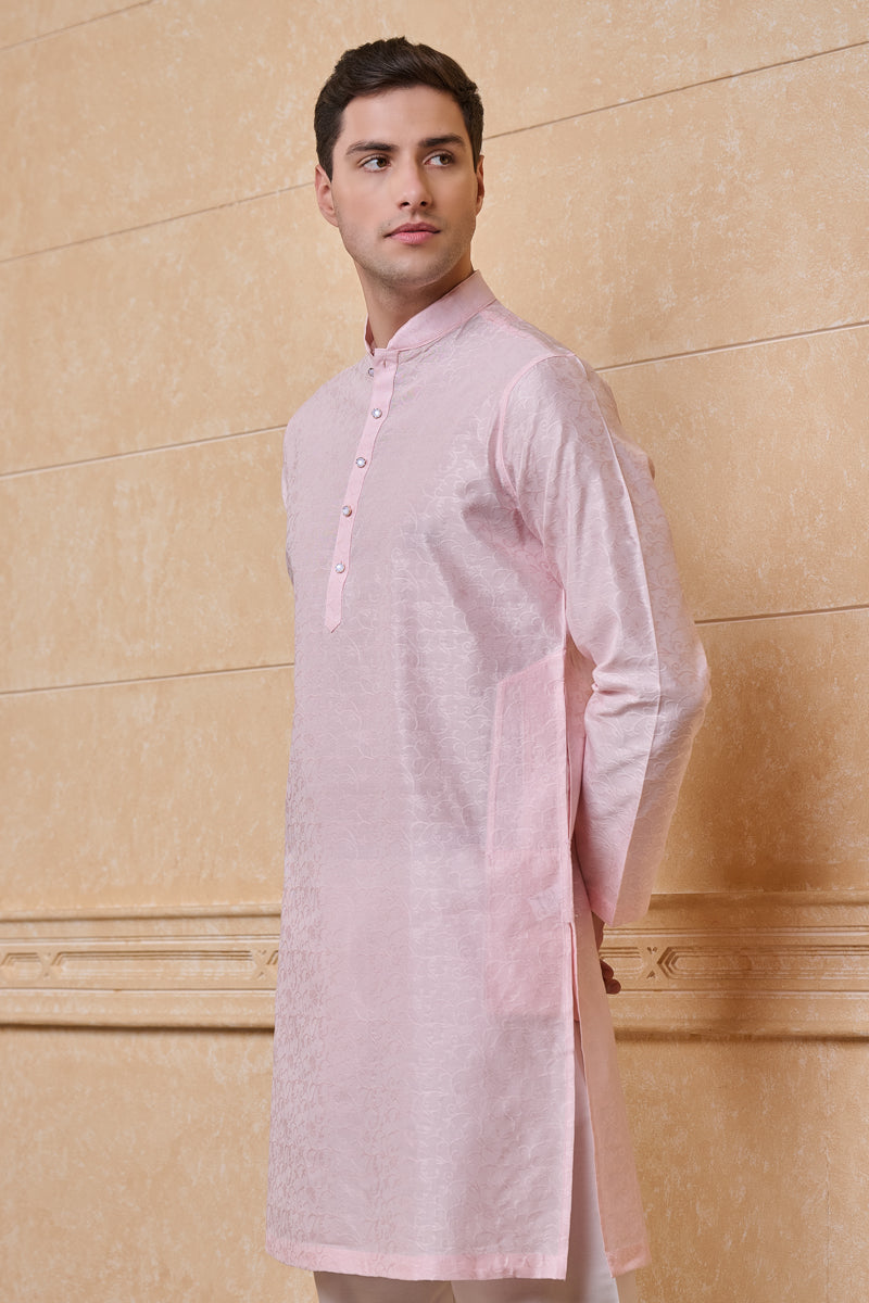 Pink Floral Self Jacquard Kurta Set