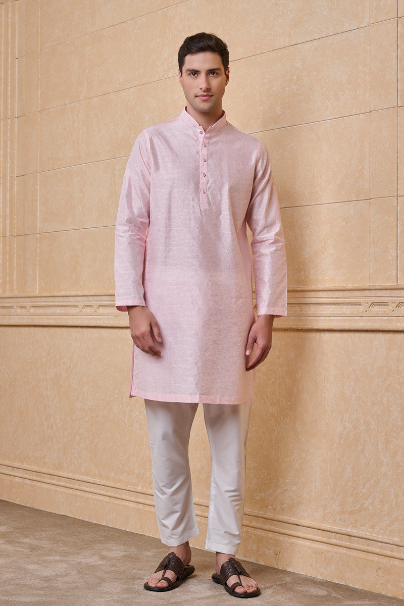 Pink Floral Self Jacquard Kurta Set