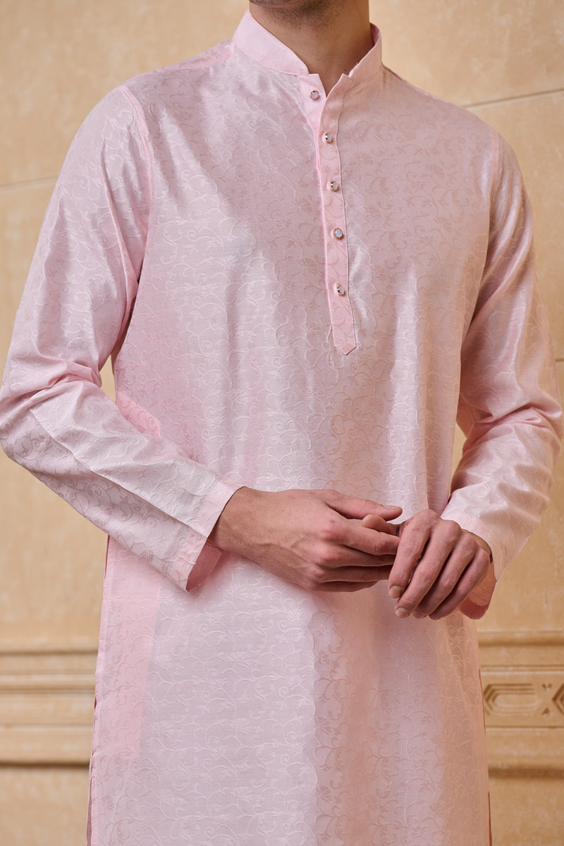 Pink Floral Self Jacquard Kurta Set