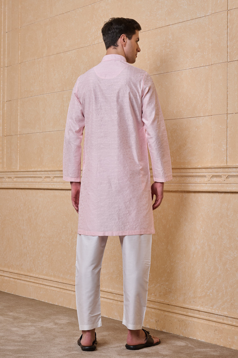 Pink Floral Self Jacquard Kurta Set