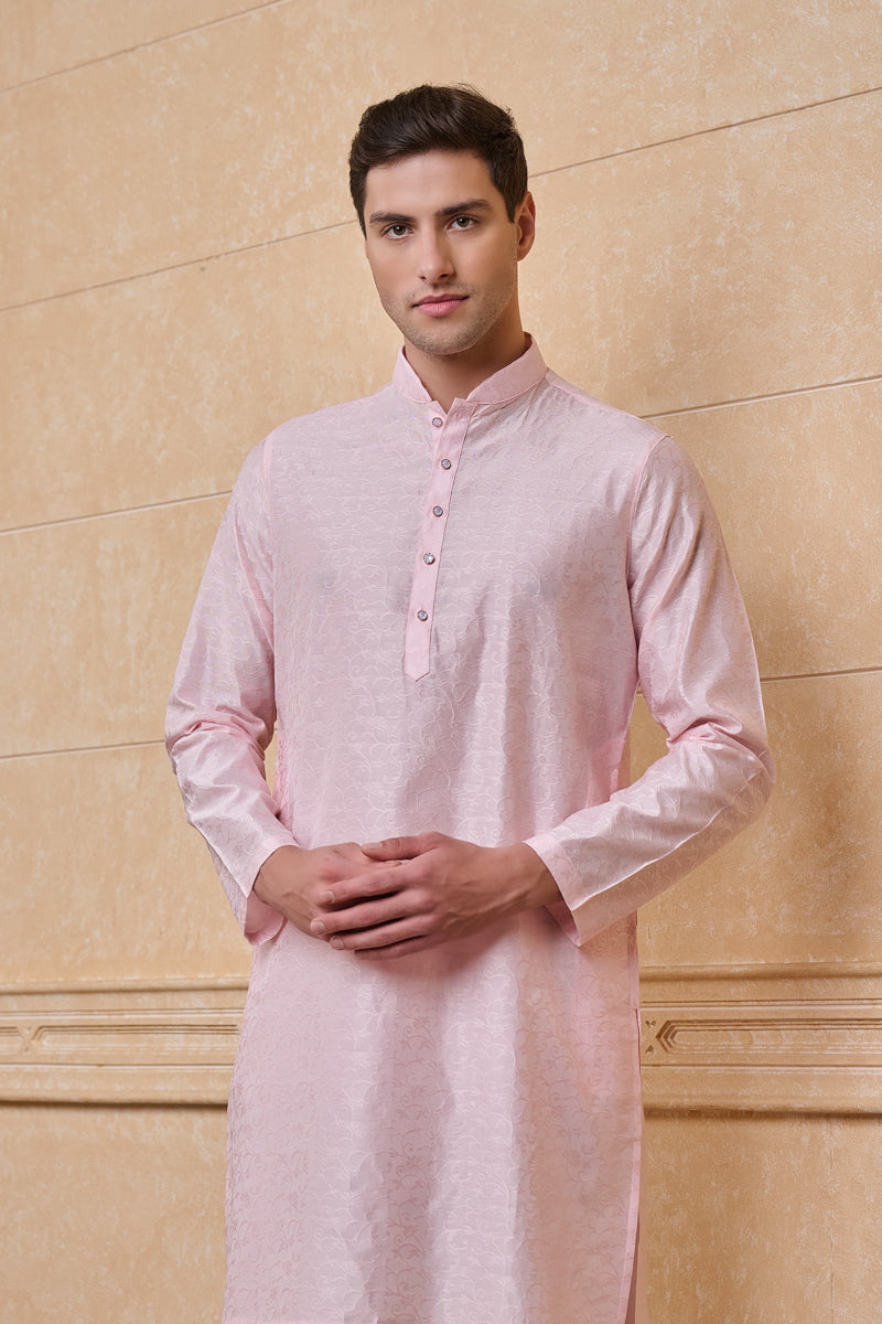 Pink Floral Self Jacquard Kurta Set