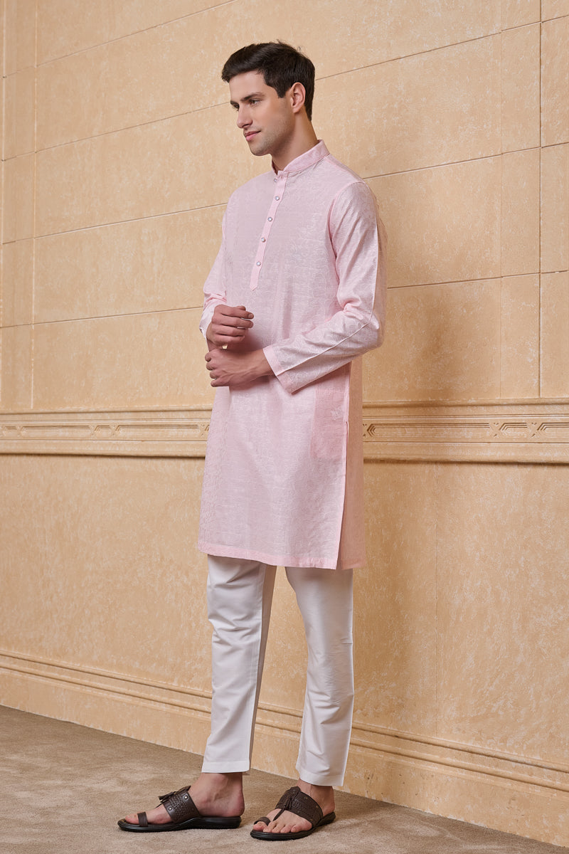 Pink Floral Self Jacquard Kurta Set