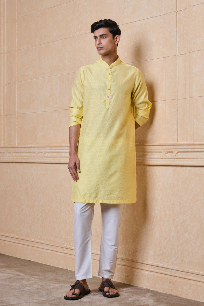 Yellow Floral Self Jacquard Kurta Set