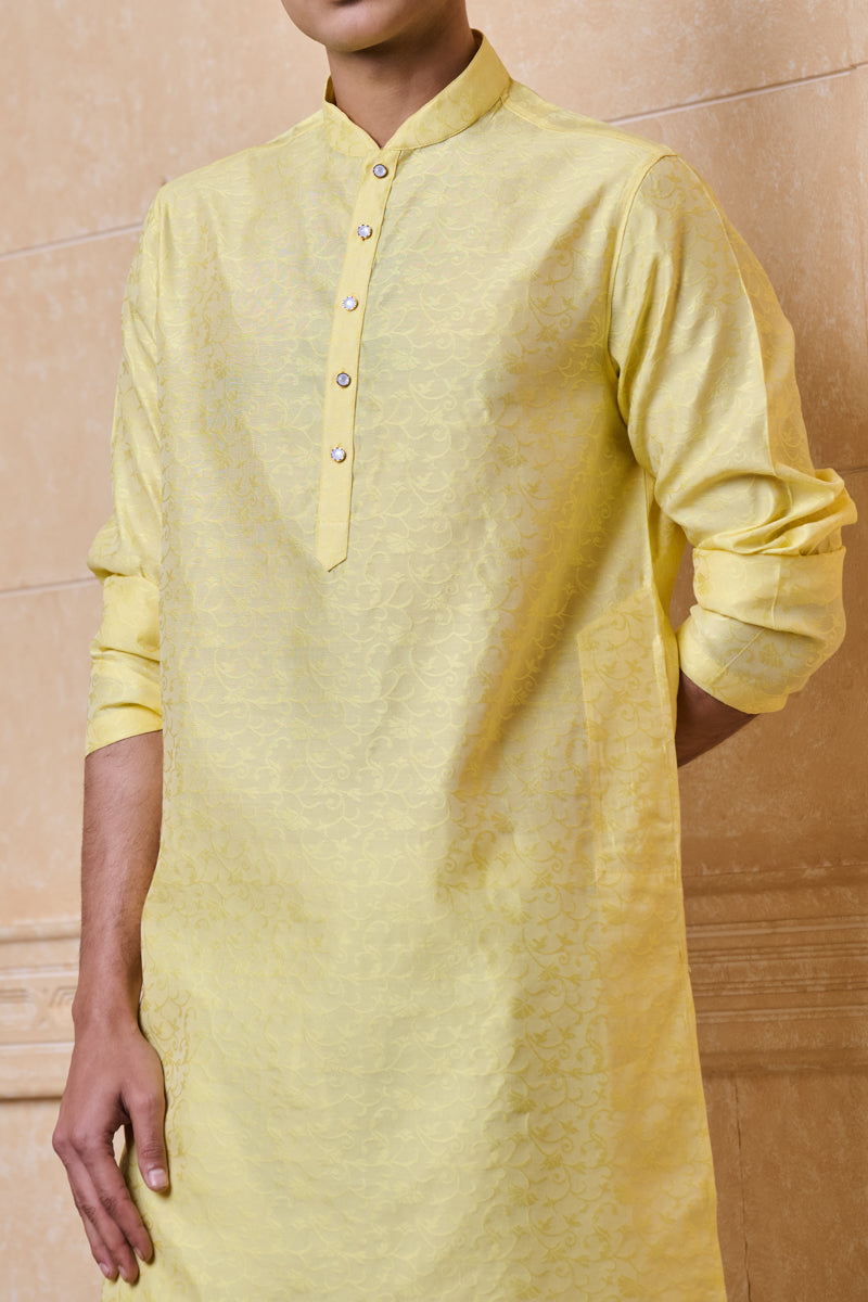 Yellow Floral Self Jacquard Kurta Set