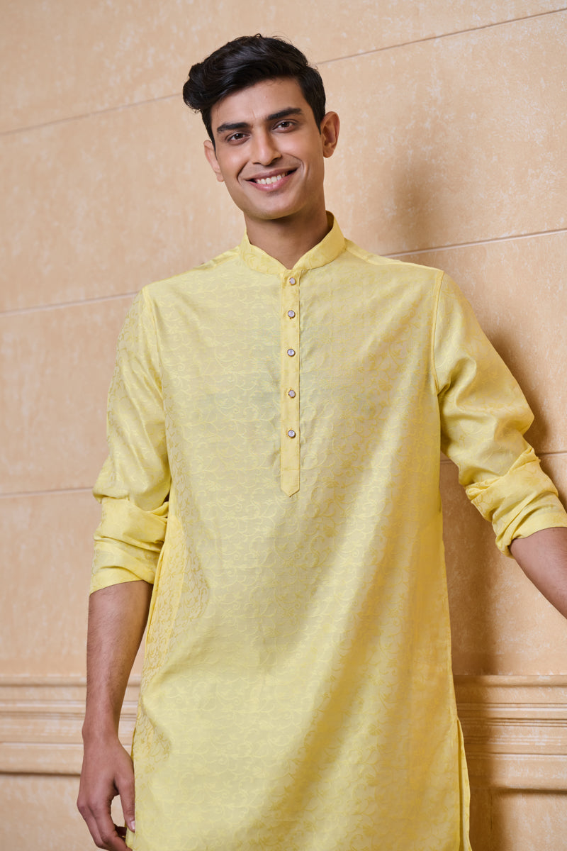 Yellow Floral Self Jacquard Kurta Set