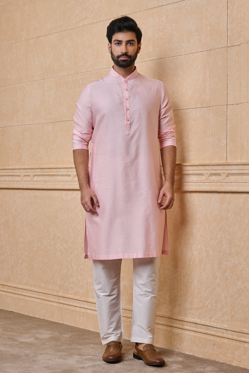 Pink Jacquard Kurta Set In Geometrical Pattern