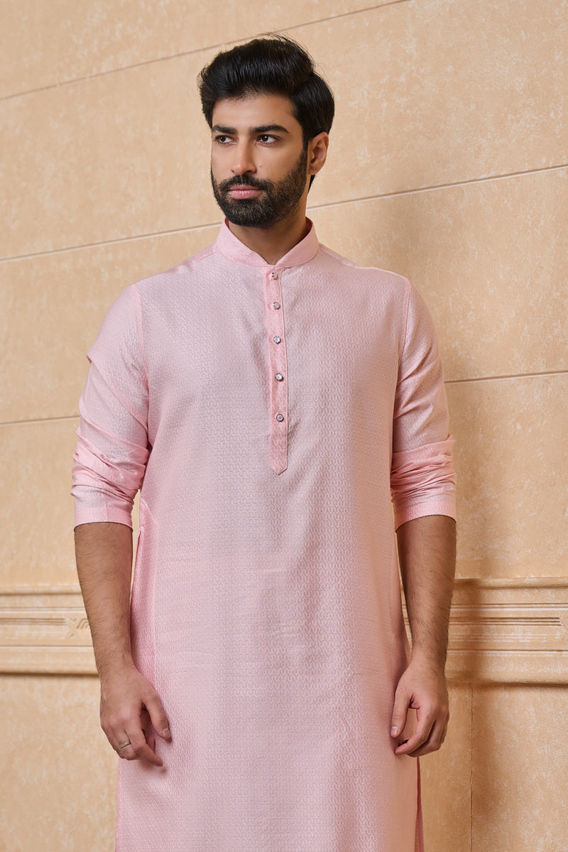 Pink Jacquard Kurta Set In Geometrical Pattern