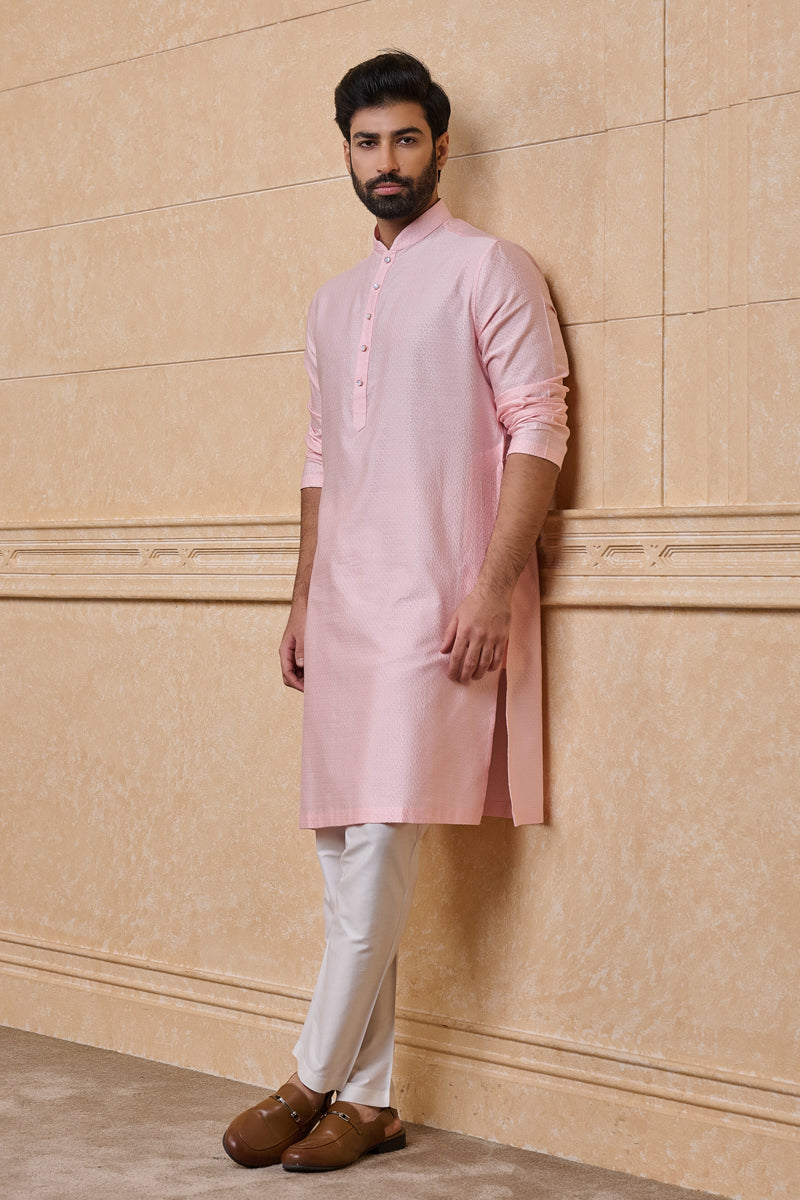 Pink Jacquard Kurta Set In Geometrical Pattern