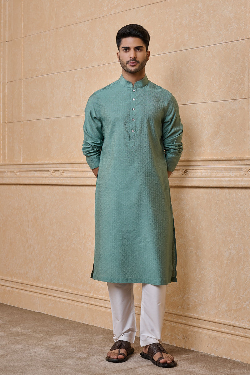 Aqua Jacquard Kurta Set In Jaali Pattern