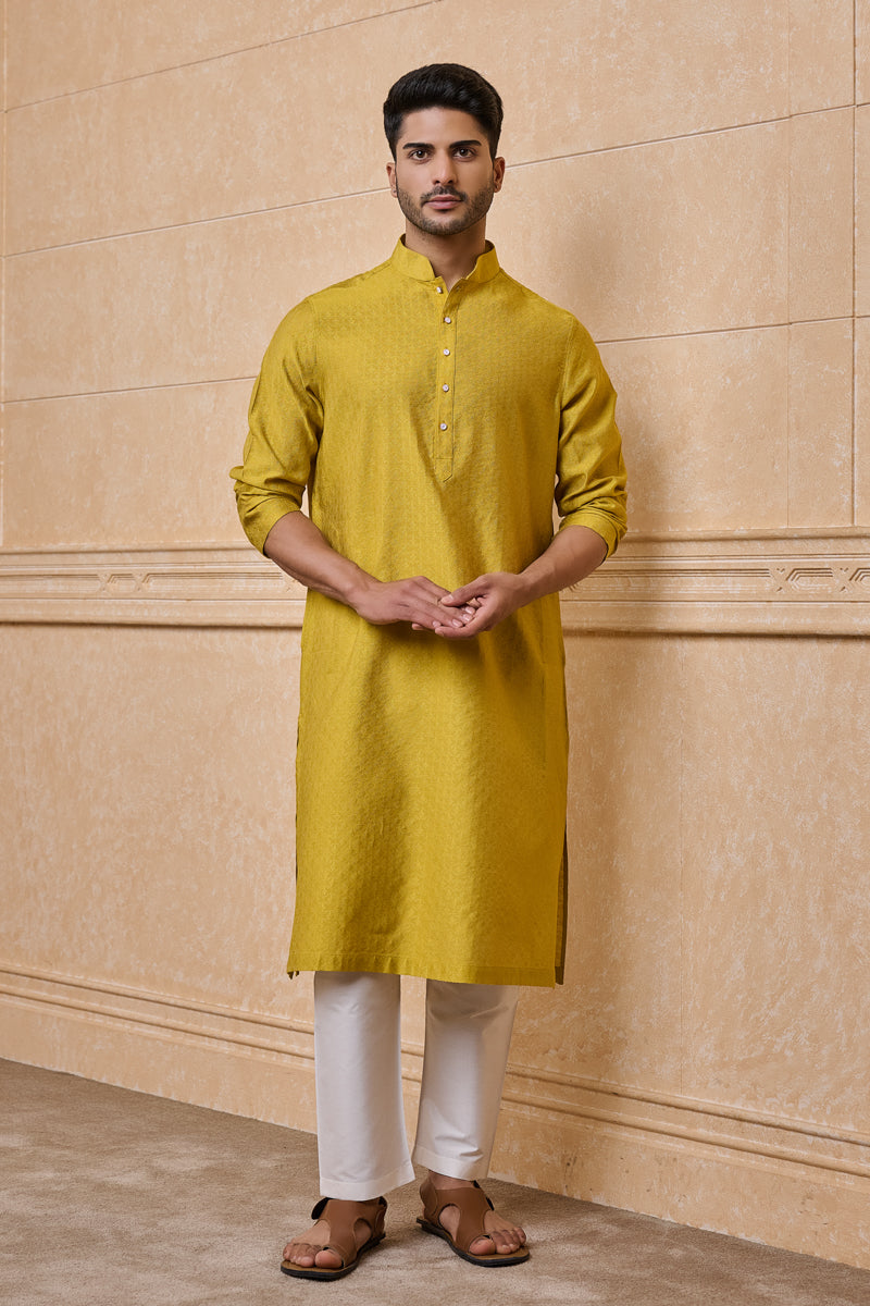 Yellow Jacquard Kurta Set In Jaali Pattern