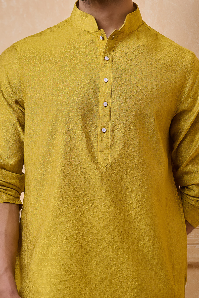 Yellow Jacquard Kurta Set In Jaali Pattern