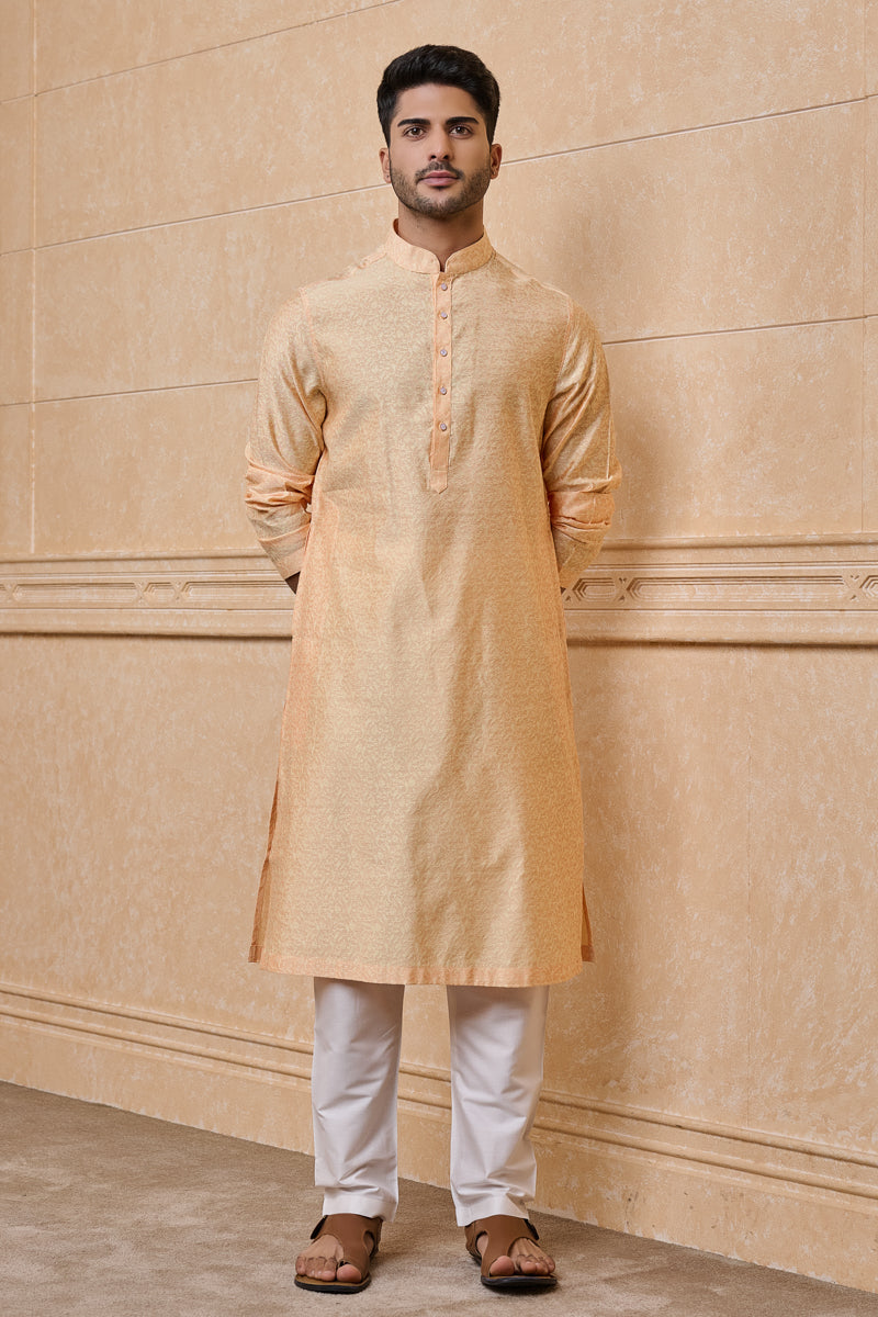 Peach Floral Jacquard Kurta Set