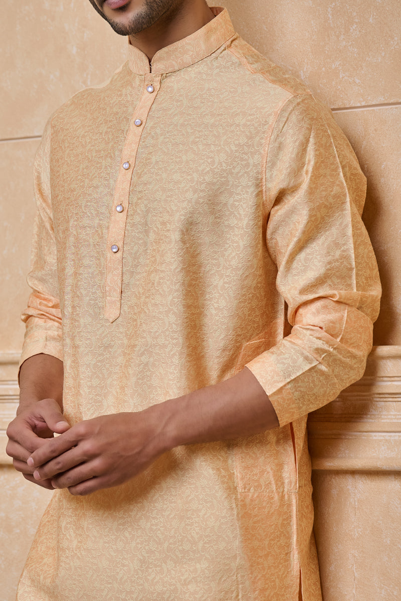 Peach Floral Jacquard Kurta Set