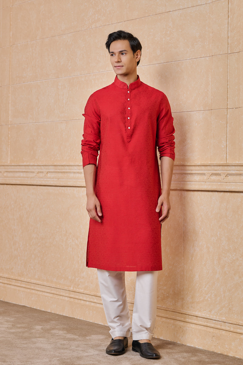 Red Floral Jacquard Kurta Set