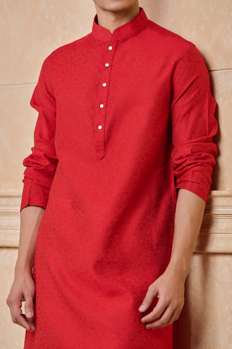 Red Floral Jacquard Kurta Set