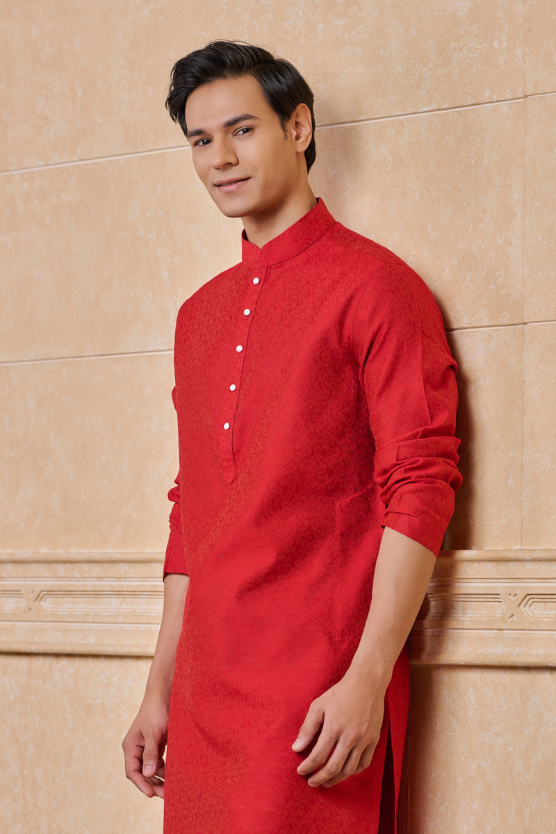 Red Floral Jacquard Kurta Set