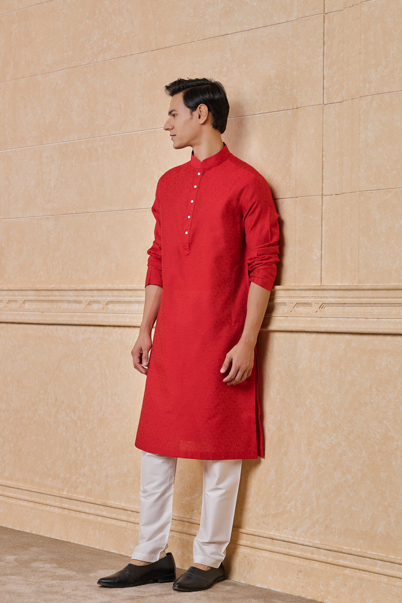 Red Floral Jacquard Kurta Set