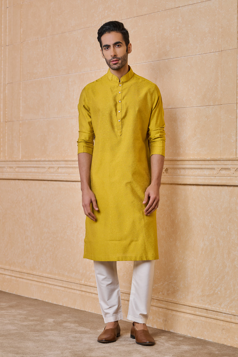 Yellow Floral Jacquard Kurta Set