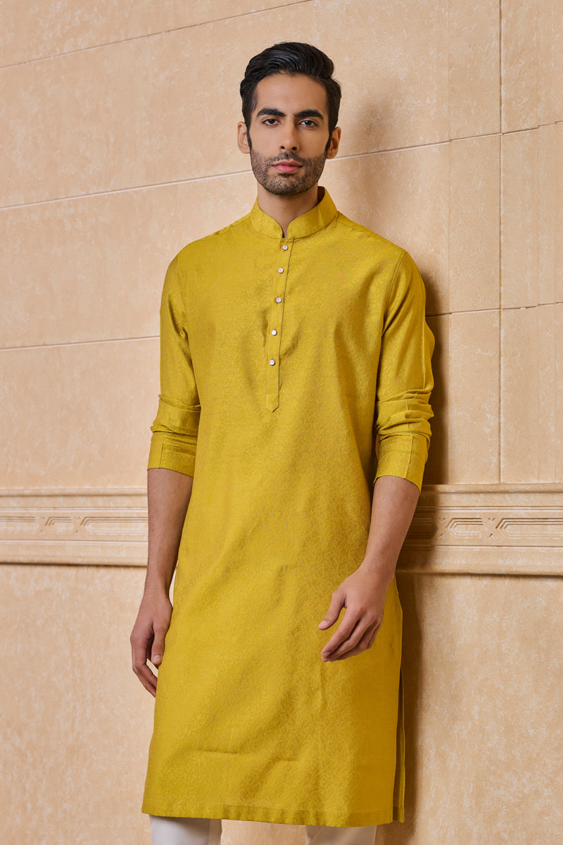 Yellow Floral Jacquard Kurta Set