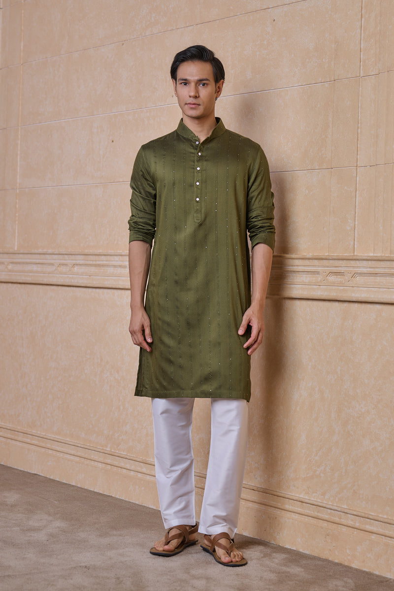 Olive Jacquard Kurta Set