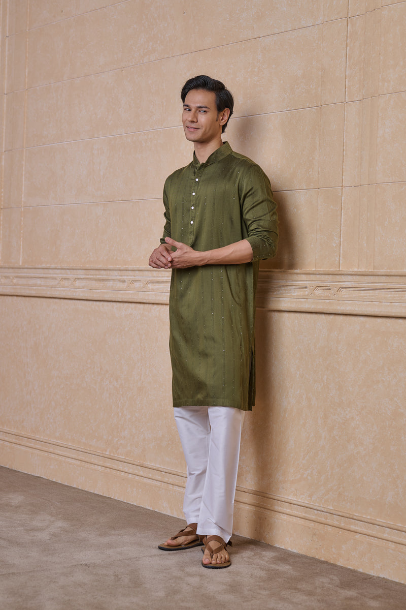 Olive Jacquard Kurta Set