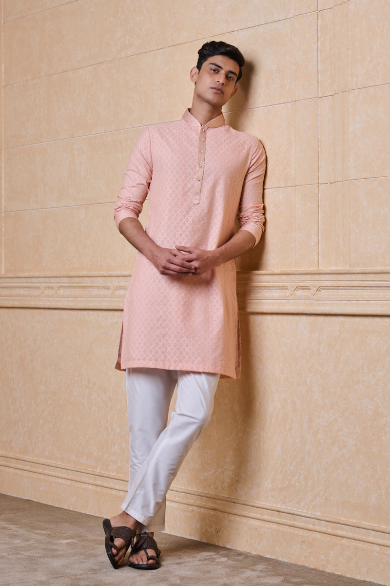 Pink Textured Jacquard Kurta Set