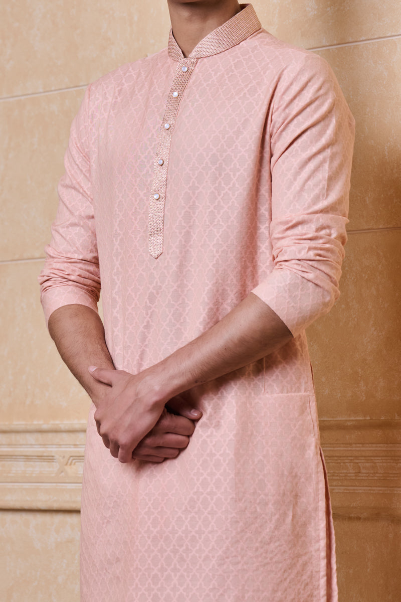 Pink Textured Jacquard Kurta Set