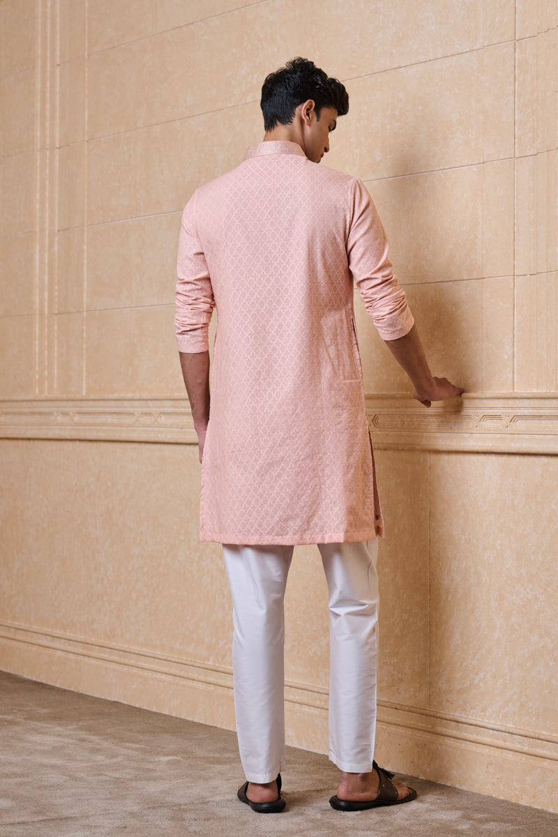 Pink Textured Jacquard Kurta Set