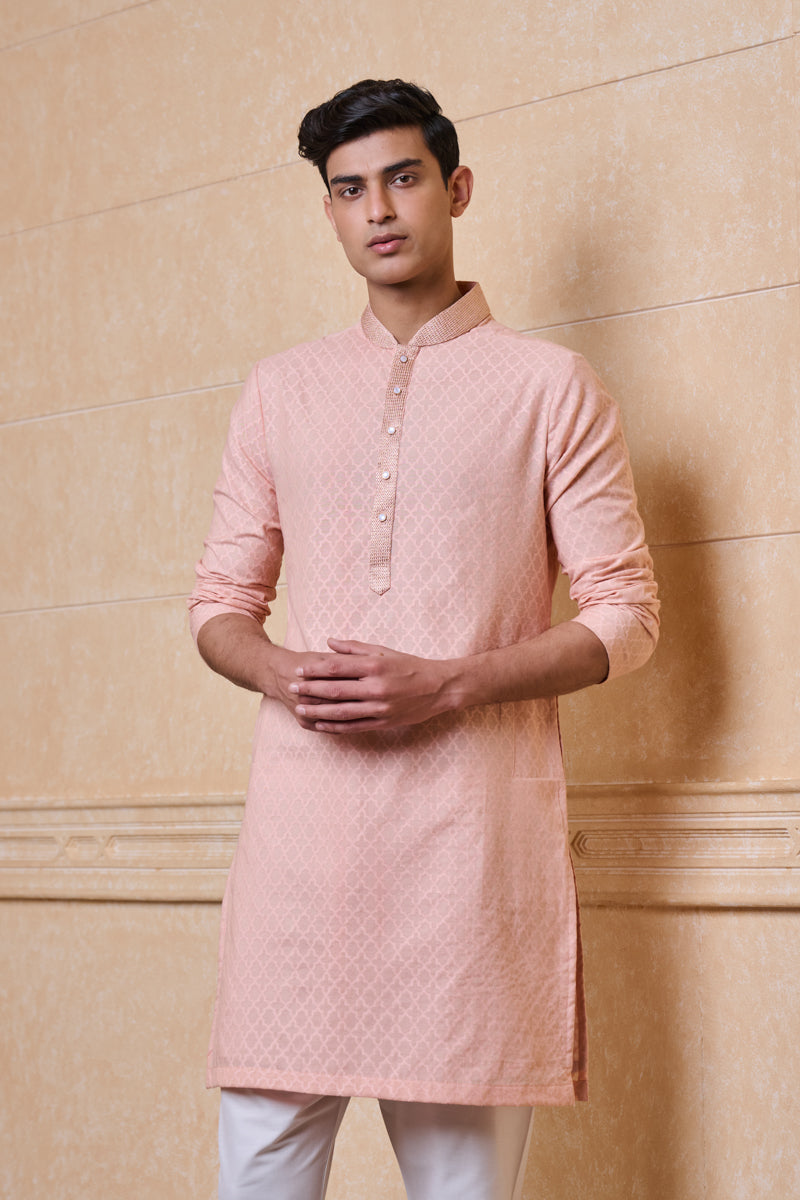 Pink Textured Jacquard Kurta Set