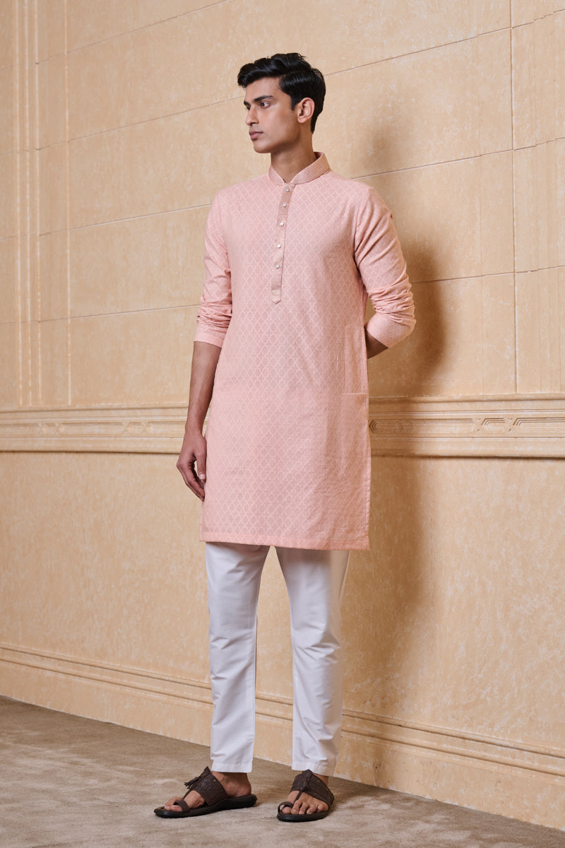 Pink Textured Jacquard Kurta Set