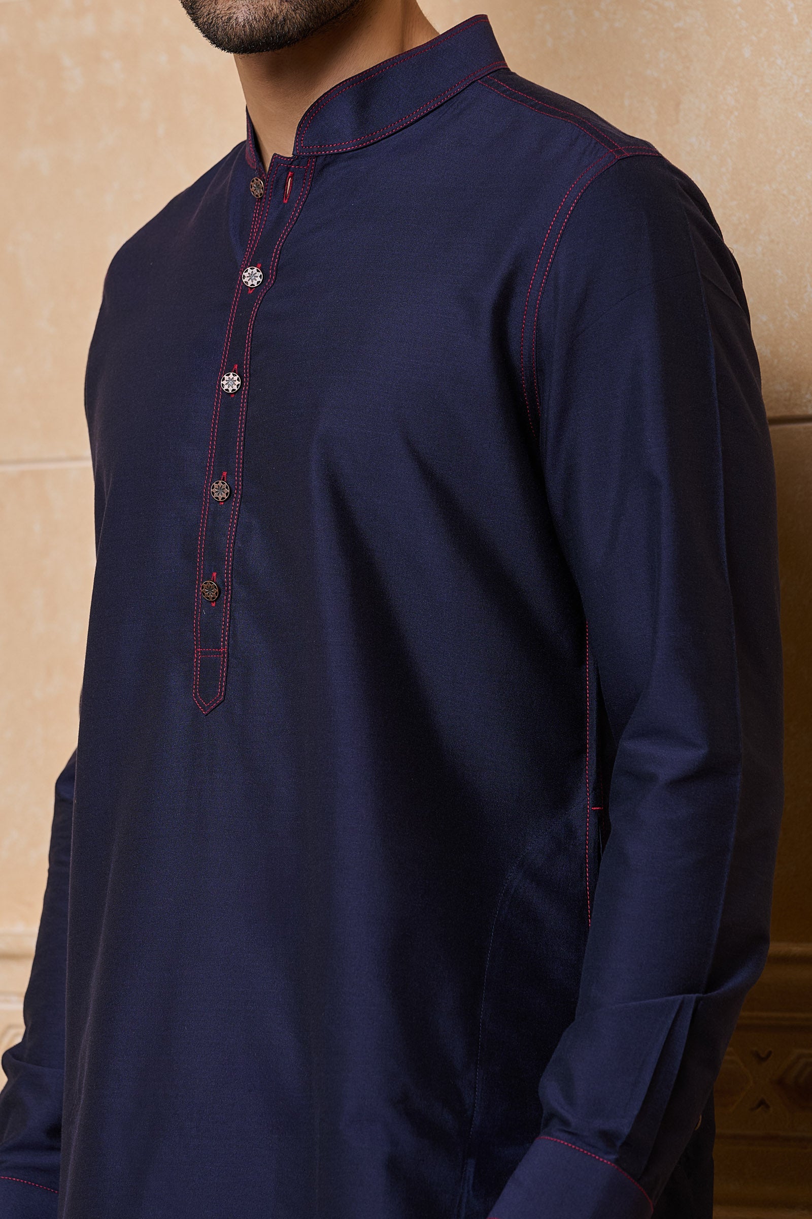 Navy Kurta With Top Stitch Detailing