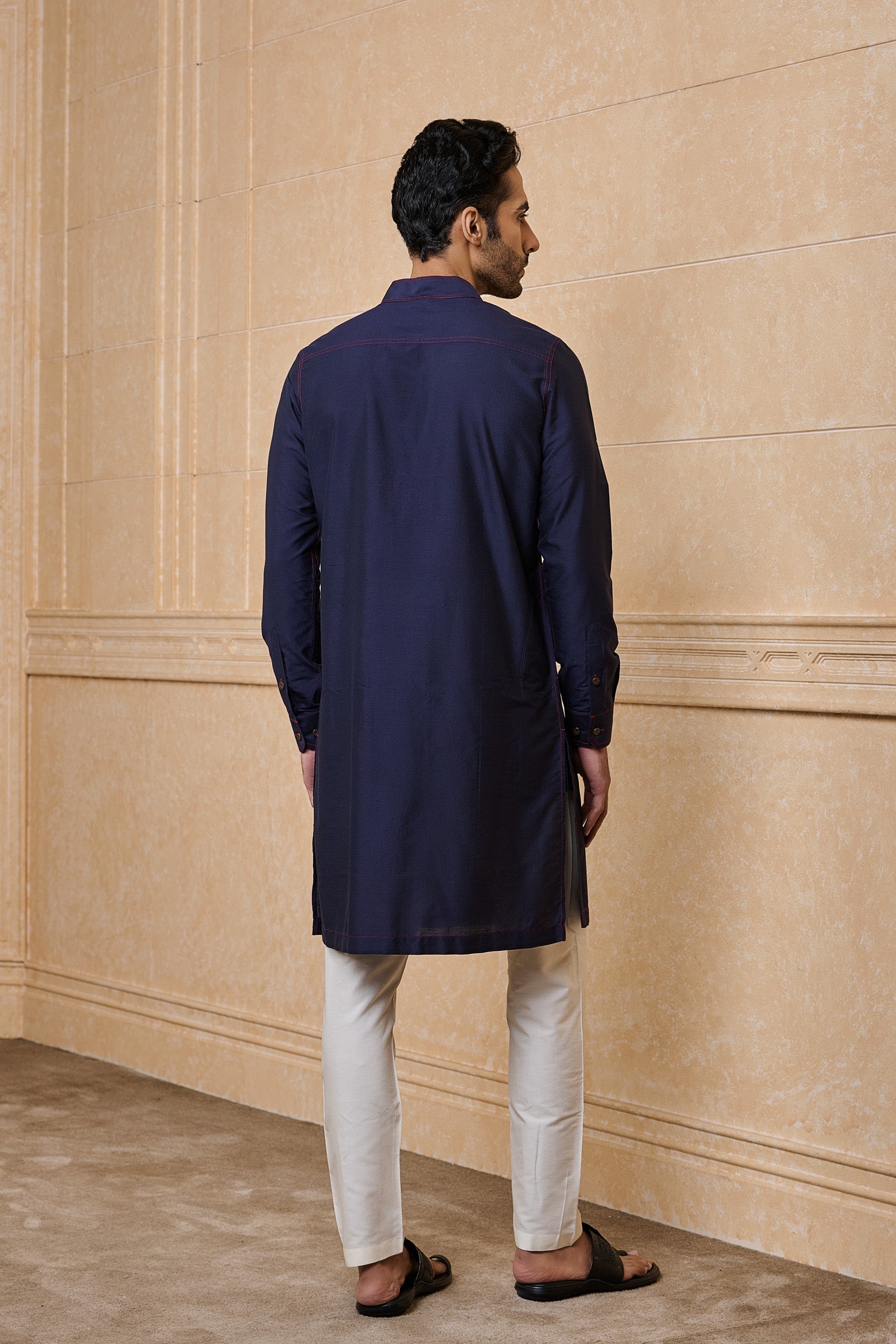 Navy Kurta With Top Stitch Detailing