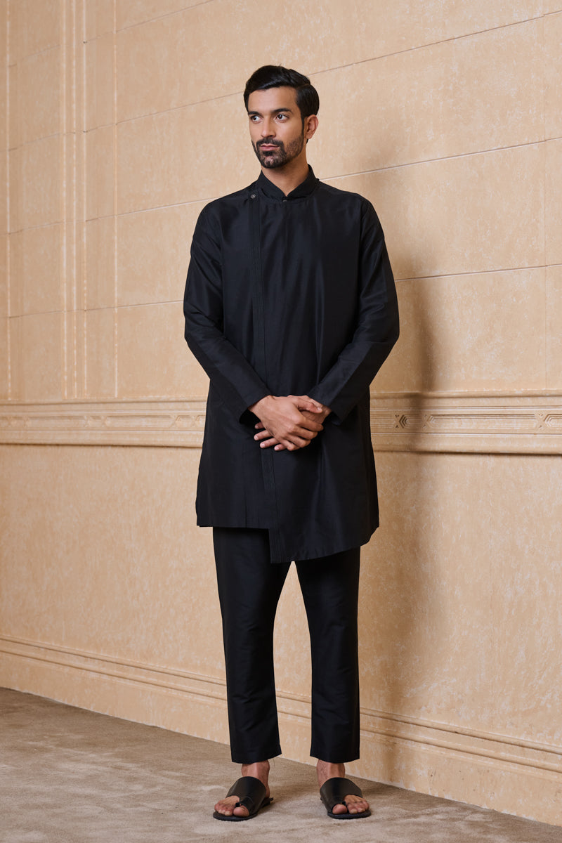 Black Single Kurta With Overlapped Placket