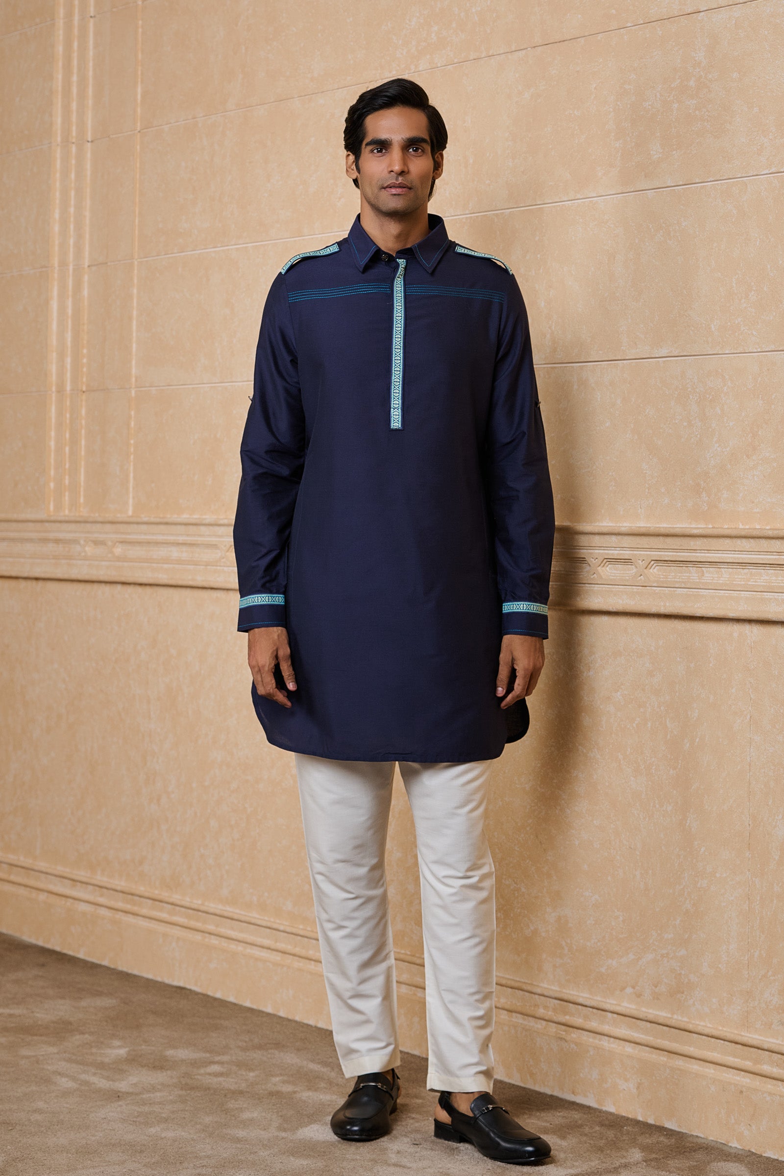 Navy Staple Kurta With Tape Detailing