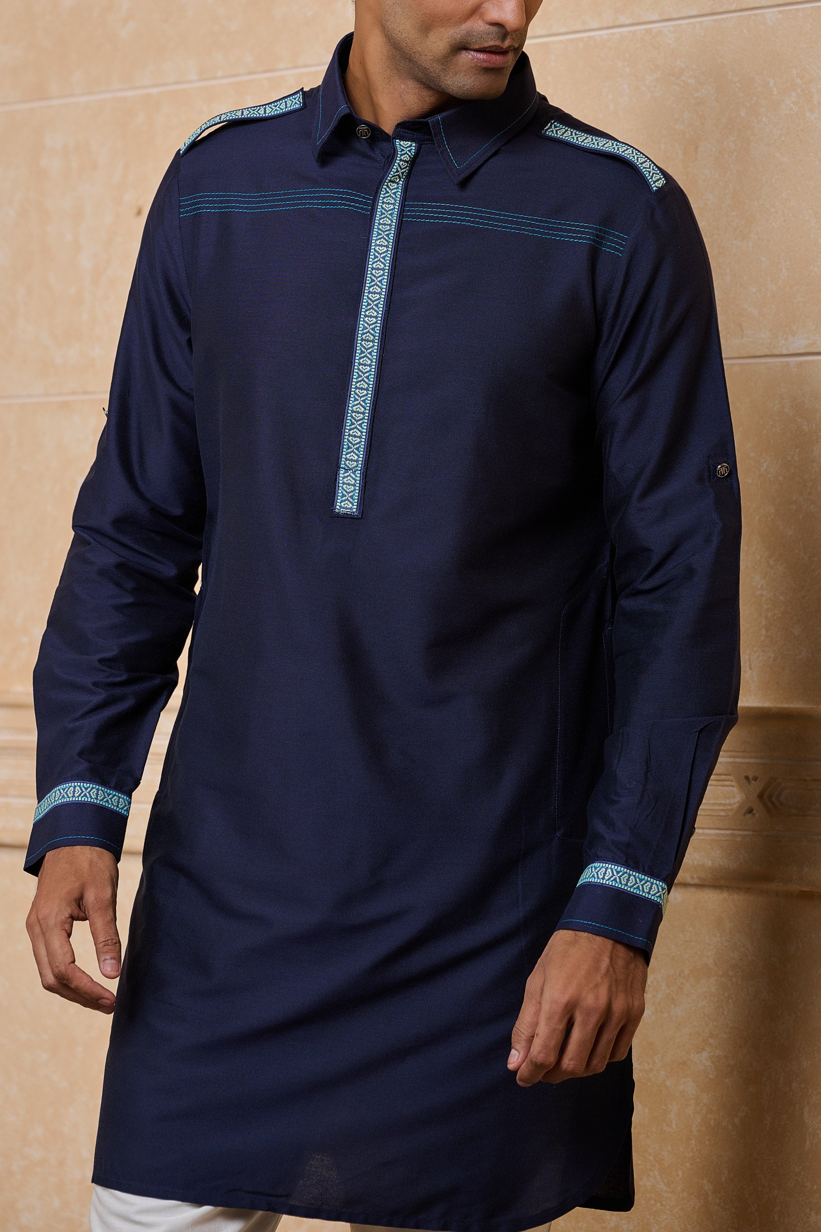 Navy Staple Kurta With Tape Detailing