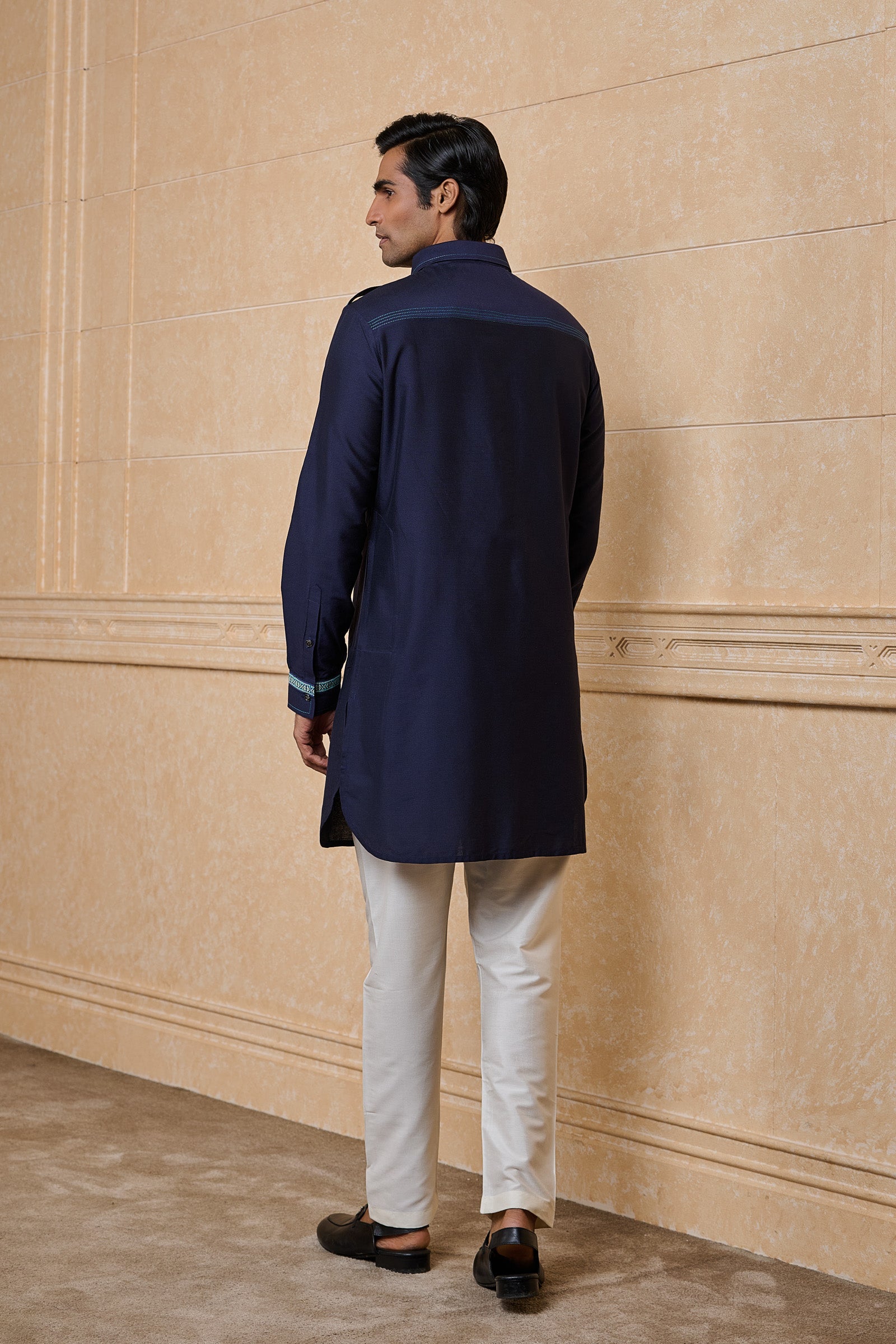 Navy Staple Kurta With Tape Detailing