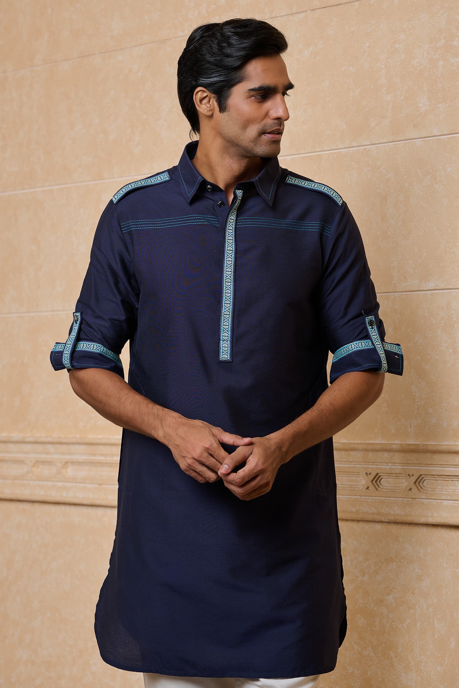 Navy Staple Kurta With Tape Detailing