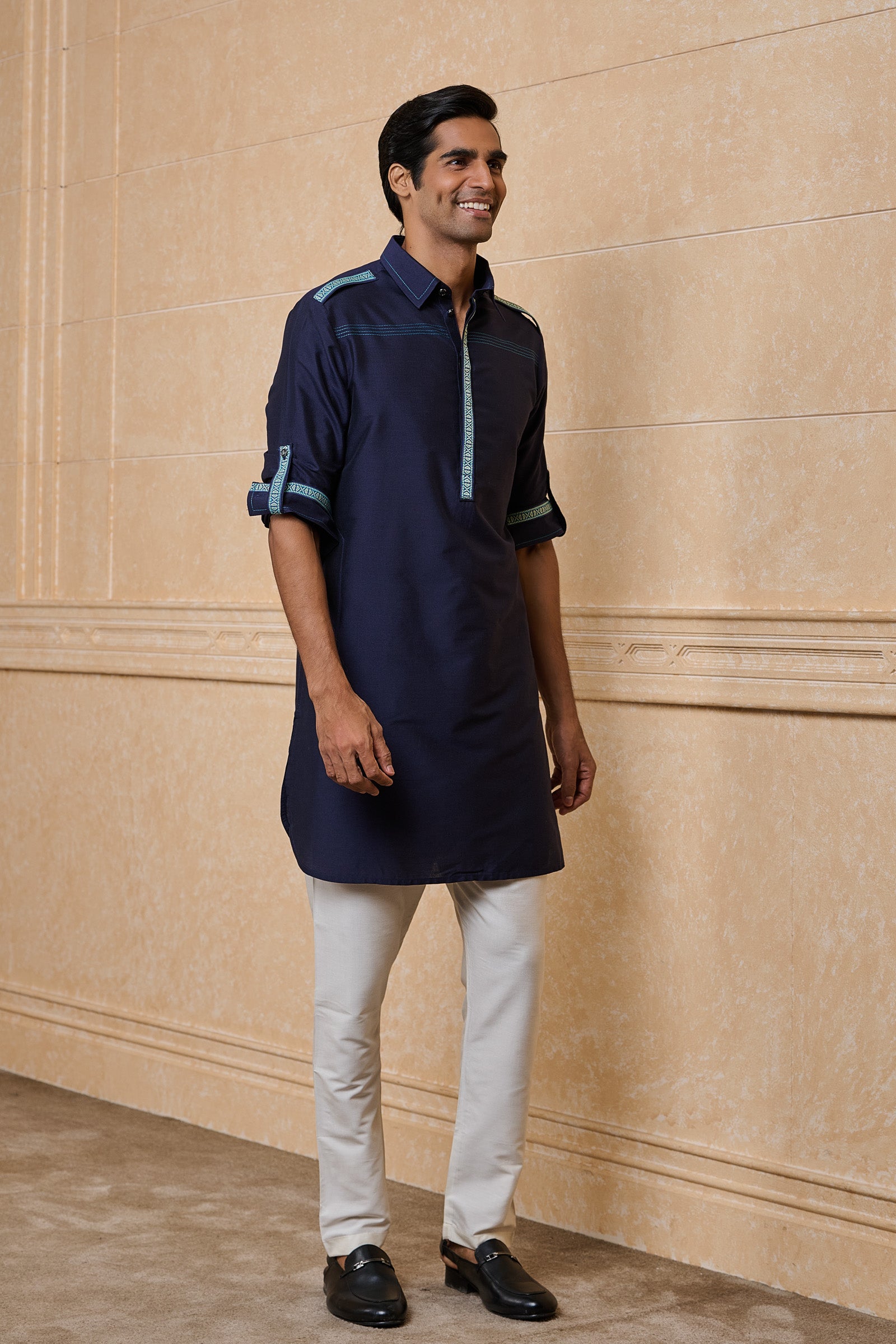 Navy Staple Kurta With Tape Detailing