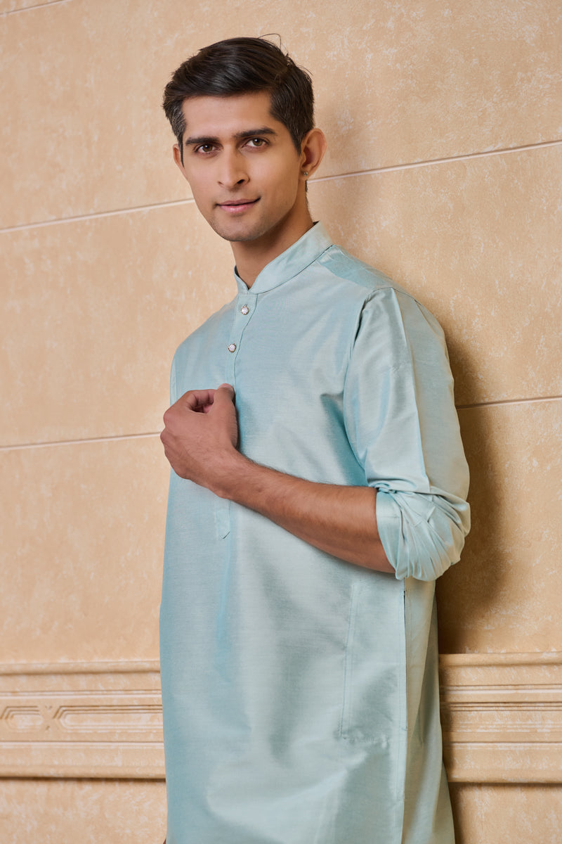 Light Blue Single Kurta With Zero Point Collar