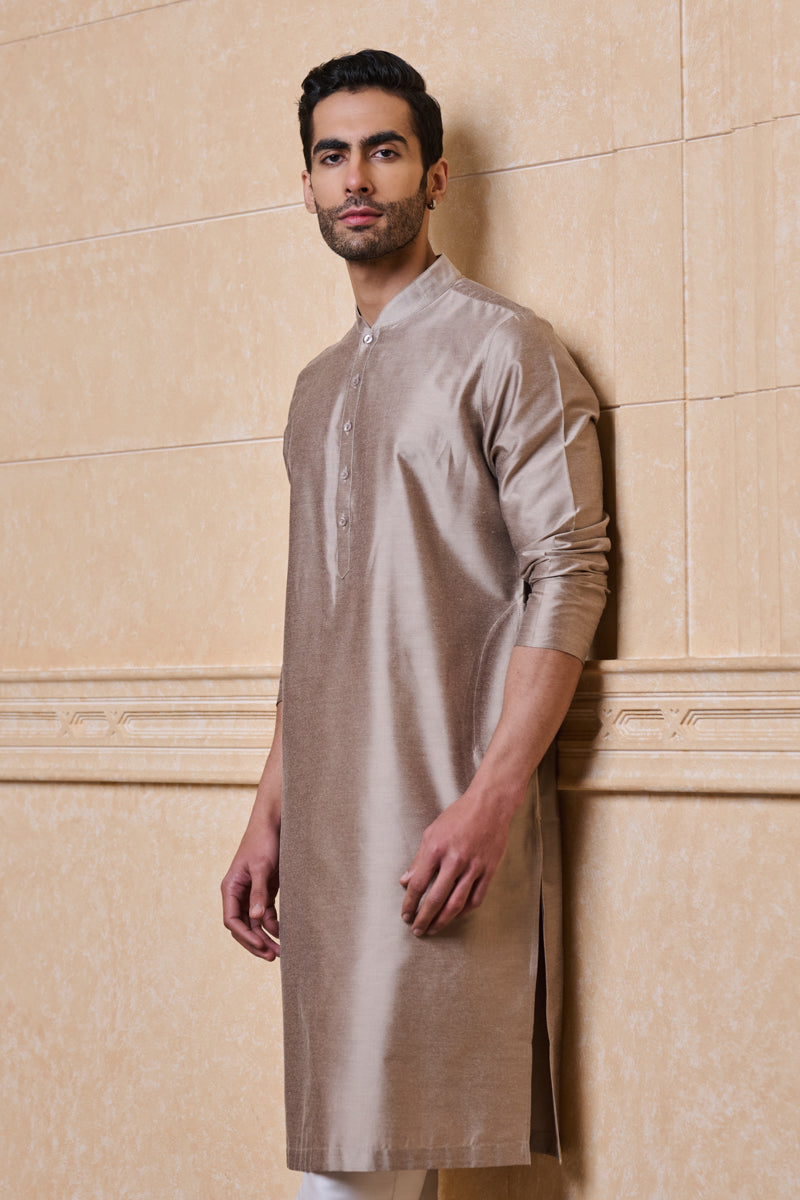 Beige Classic Single Kurta With Zero Point Collar